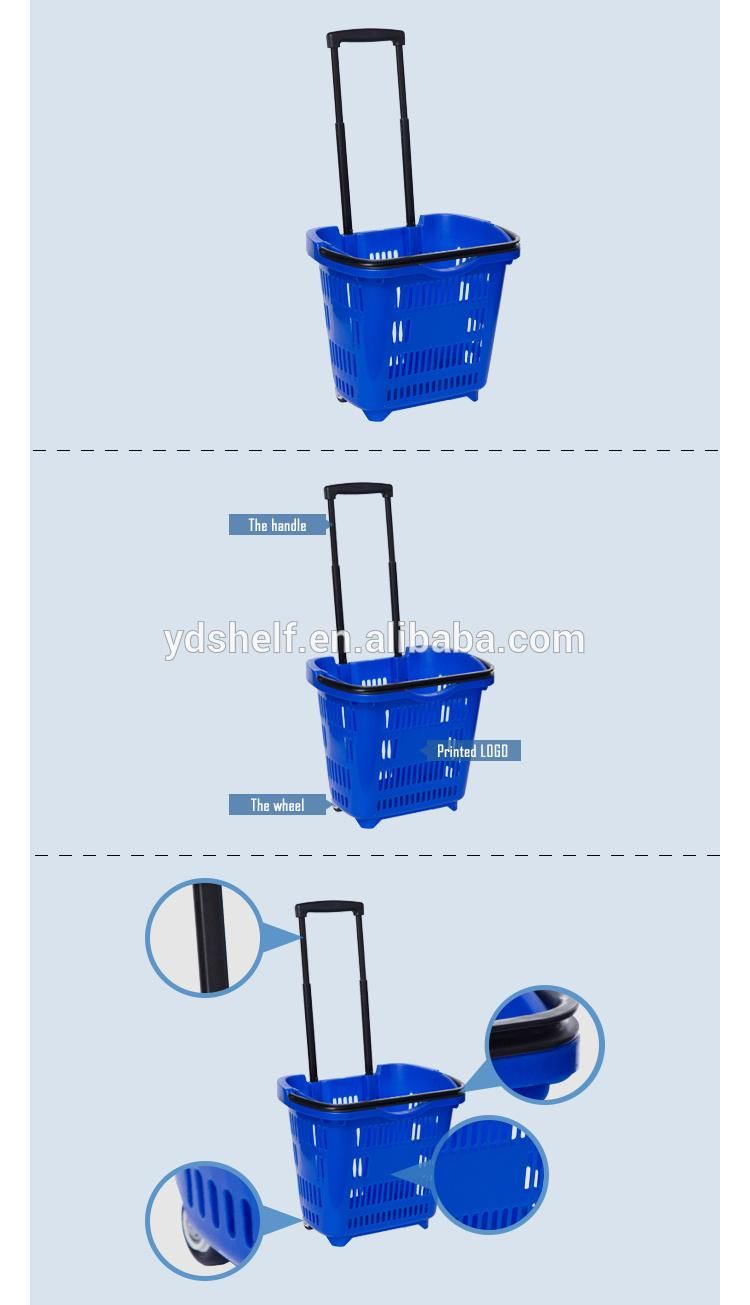 Supermarket Basket Shopping Plastic Trolley Basket with Wheels