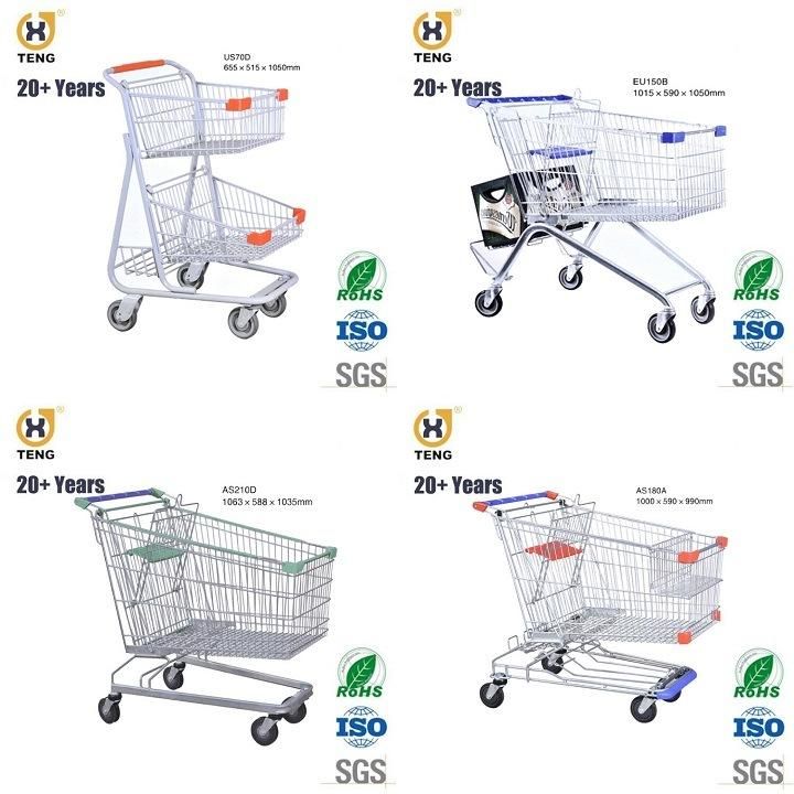 EU180c 180L Capacity Zinc Plated and Powder Coated Metal Shopping Trolley with 4PCS 5′′ PU Casters