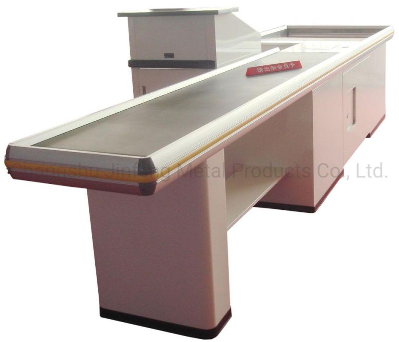 Modern Cashier Counter Supermarket Metal Checkout Counter with Conveyor Belt and Motor