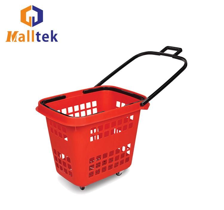 Supermarket Plastic Trolley Shopping Basket with Wheels