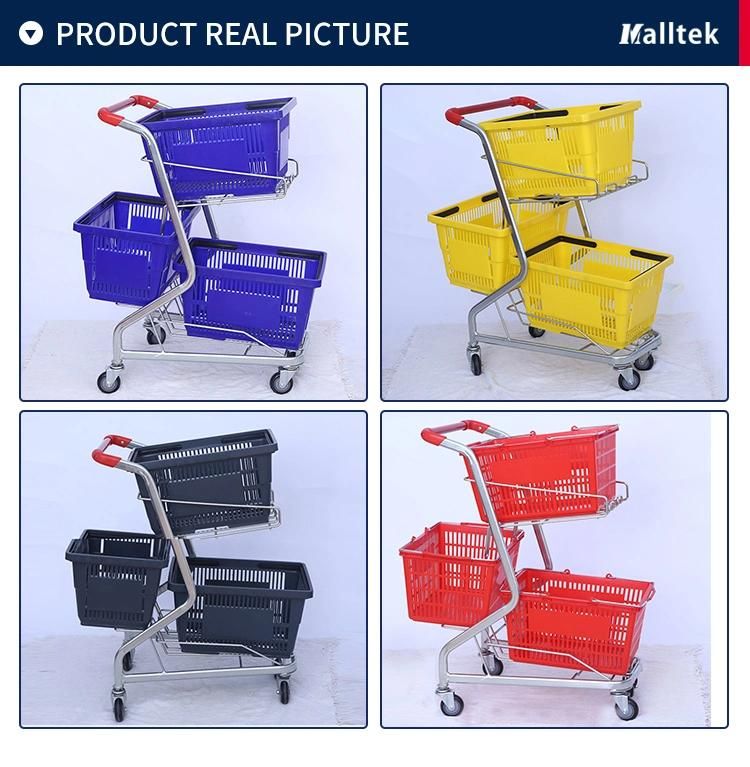 Three Basket Double Layers Metal Supermarket Shopping Handing Push Carts