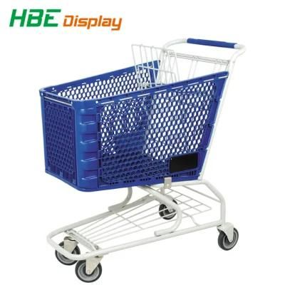 Supermarket Grocery Plastic Hand Push Trolley Shopping Cart with Plastic Basket
