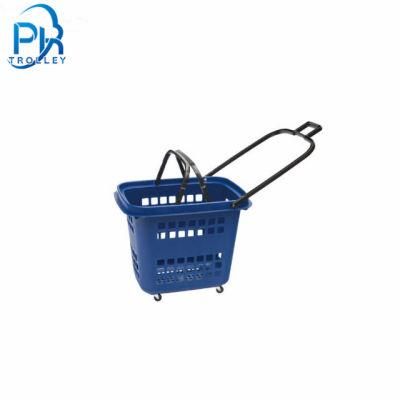 Supermarket Plastic Shopping Basket with Handle and Wheels