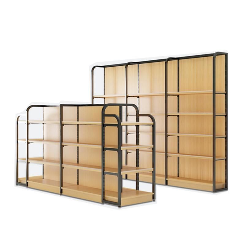 Fashion Design Wood Grain Supermarket Shelf Metal Display Racks Shop Gondola