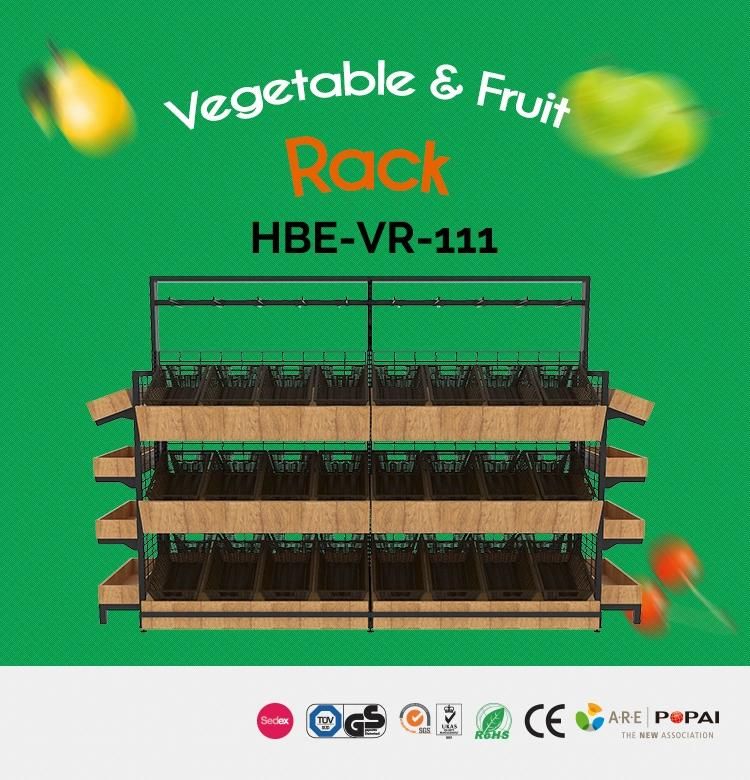 Steel and Wood Vegetable and Fruit Display Rack for Supermarket