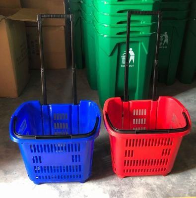 Plastic Supermarket Rolling Shopping Basket with Rod