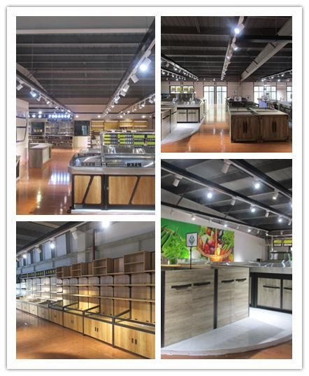 2021 Steel Wood Double Sided Fruit and Vegetable Shelf Fruit Stand Supermarket Shelf Gondola Shelving Retail