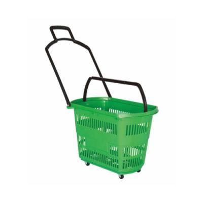 42L Plastic Supermarket Round Shopping Basket with Wheels Supermarket