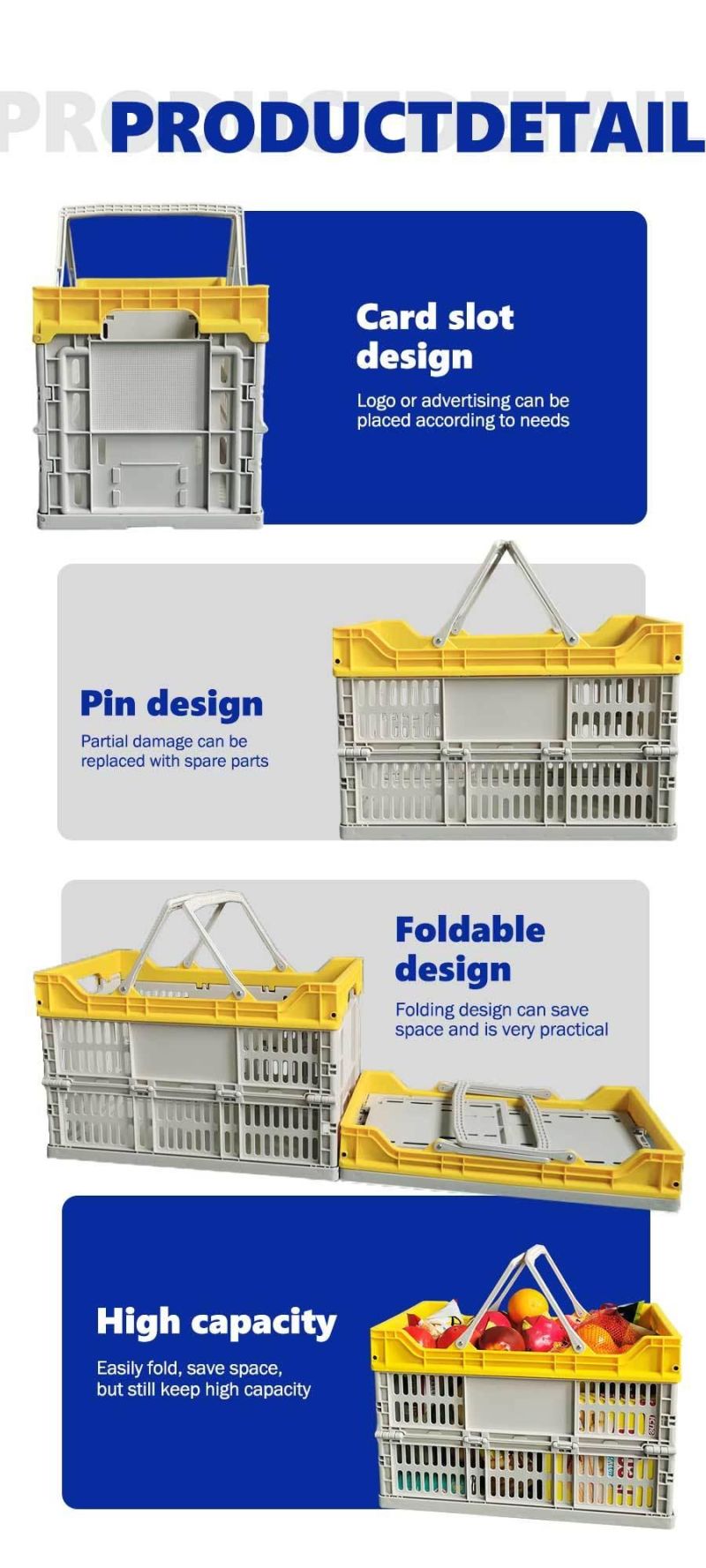 Supermarket Plastic Folding Crates Storage Baskets with Two Handles