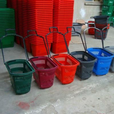 Supermarket Rolling Plastic Shopping Basket with Wheel