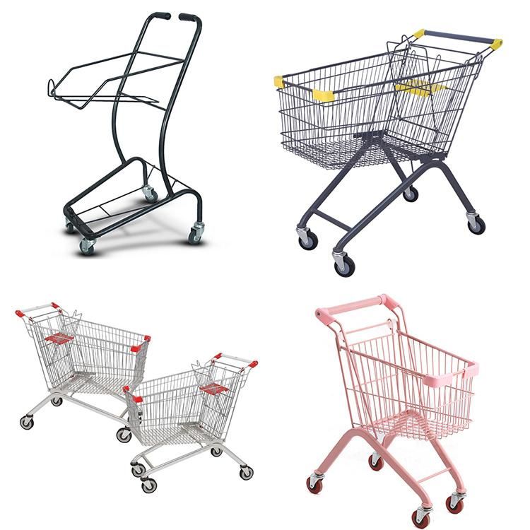 Supermarket Double Layer Grocery Shopping Cart Metal Shopping Handing Push Trolley with Multi Color