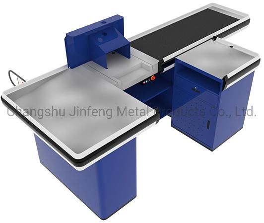 Supermarket Electric Bill Counter Metal Checkout Counter with Conveyor Belt