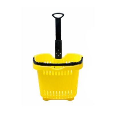High Quality Plastic Rolling Supermarket Shopping Baskets with Wheels Handle