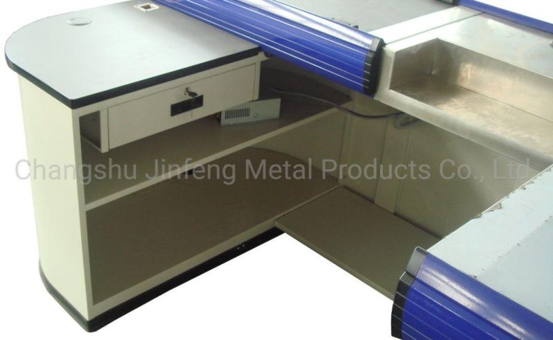 Supermarket Metal Cash Desk Cashier Table Checkout Counter with Conveyor Belt and Motor