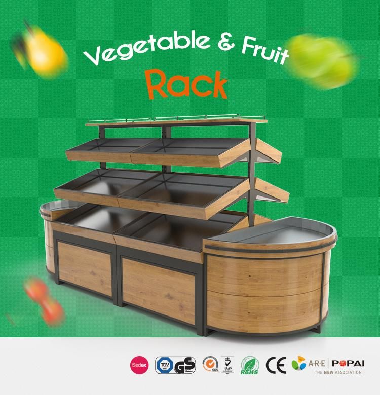 Steel Wood Vegetable and Fruit Display Rack for Supermarket