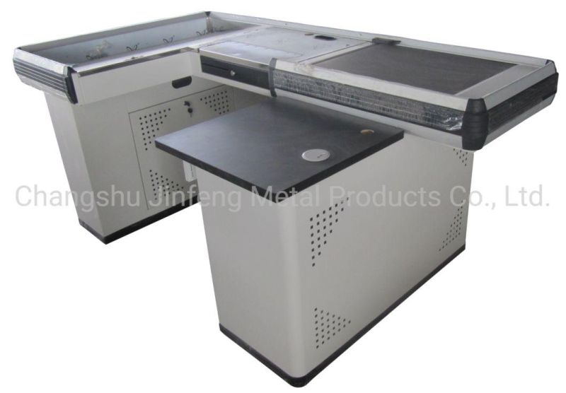 Supermarket Cashier Desk Store Motor Checkout Counter with Conveyor Belt