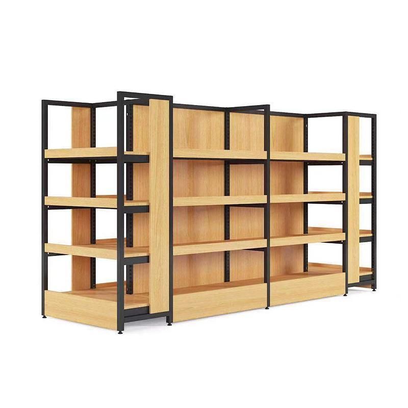 Fashion Design Wood Grain Supermarket Shelf Metal Display Racks Shop Gondola