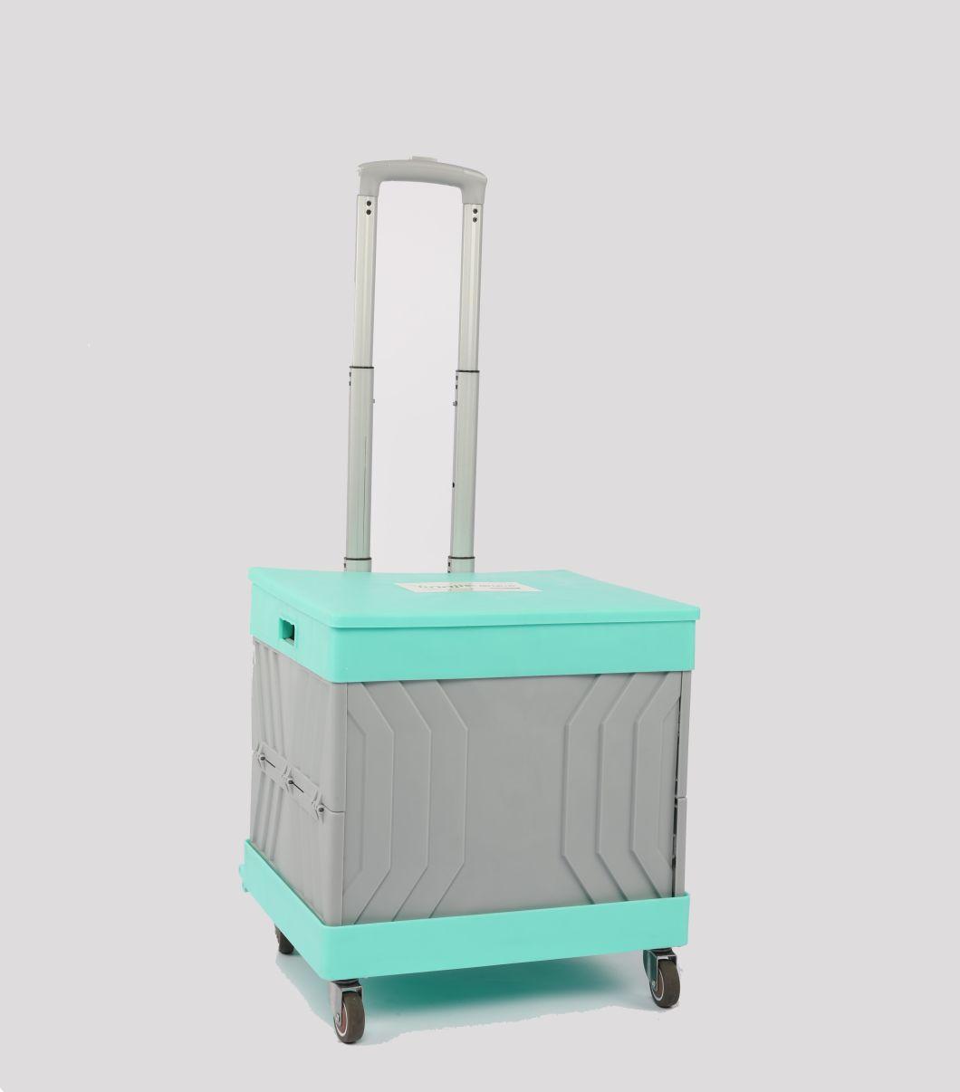 China New Design Portable Folding Plastic Box Shopping Trolley with Four Universal Wheels