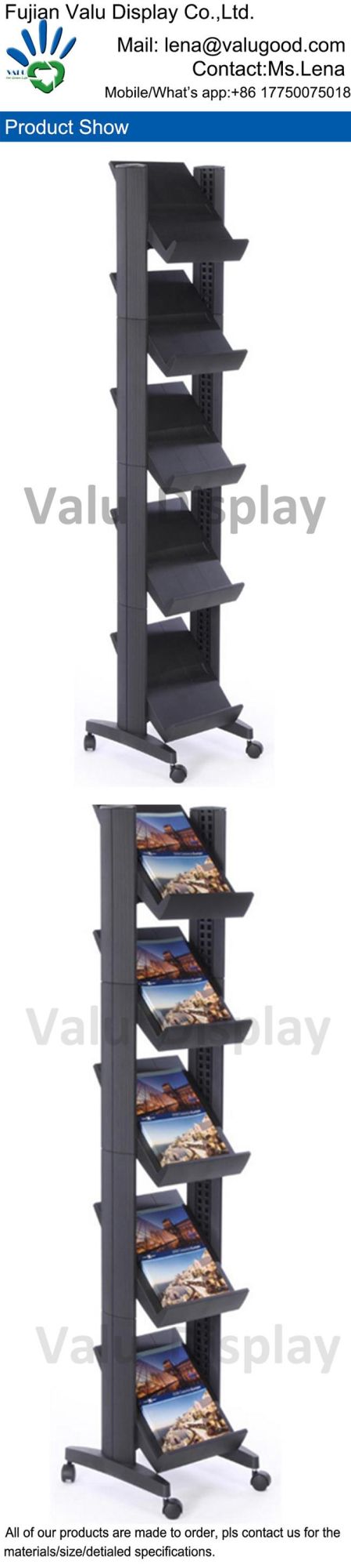 Floor Standing Magazine Adjustable Shelves Metal Display Rack with Wheels
