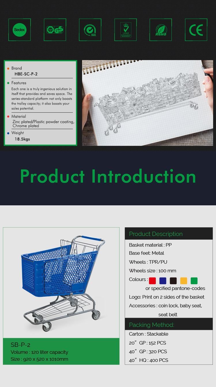 Hot Sale Plastic Supermarket Shopping Trolleys with Metal Frame