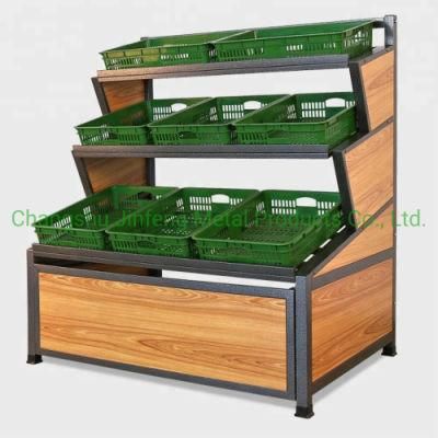 Supermarket Fruit and Vegetable Display Rack Wooden and Metal Display Shelf