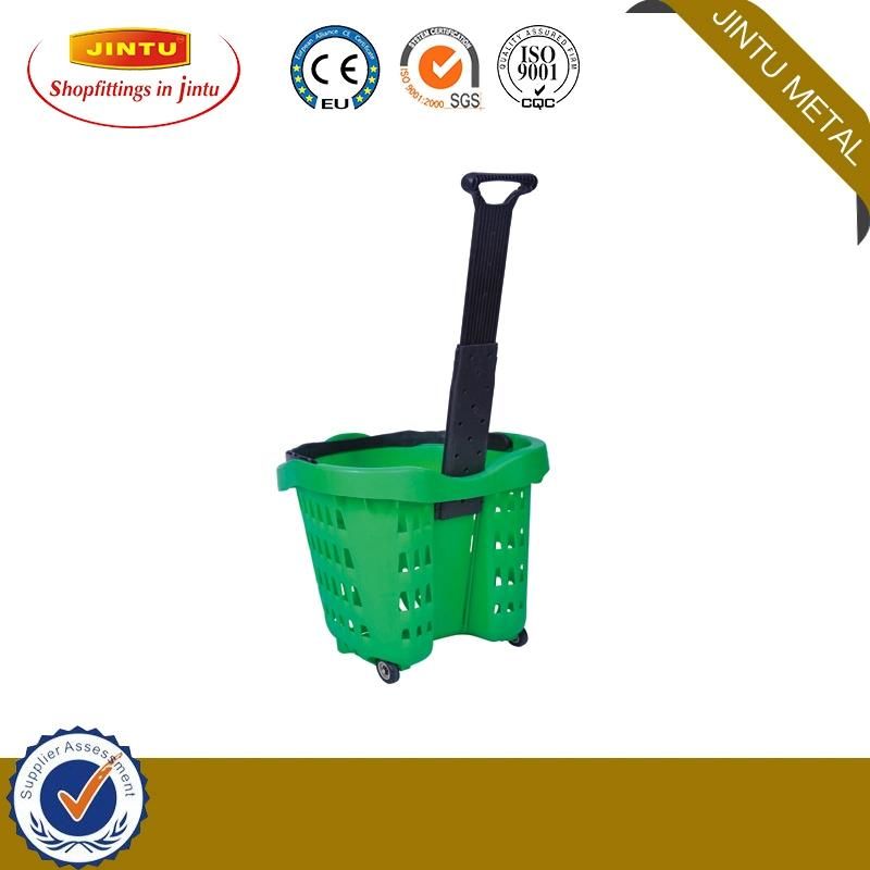 50L Supermarket Plastic Rolling Shopping Basket with 4 Wheels