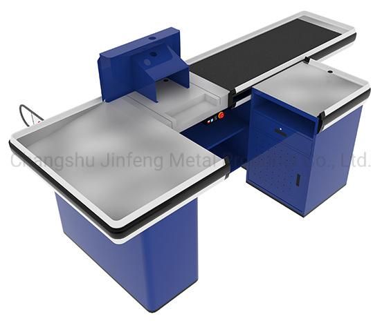 Retail Store Metal Cash Counter Supermarket Checkout Counter with Motor and Conveyor Belt