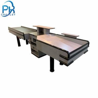 Supermarket Checkout Counter with Conveyor Belt High Quality Customized Metal Checkout Casher Ounter Desk for Supermarket