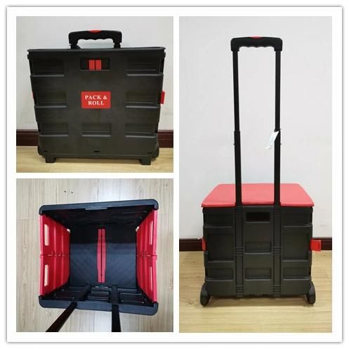 China Cheap Rolling Collapsible Folding Box Cart Plastic Fold up Trolley for Shopping