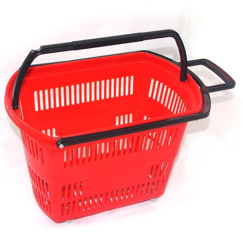 Plastic Supermarket Rolling Shopping Basket with Four Wheels Zc-9