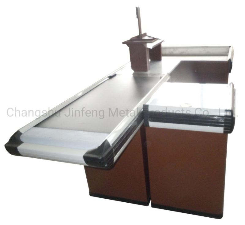 Supermarket Cashier Table Metal Checkout Counter with Conveyor Belt Jf-Cc-087