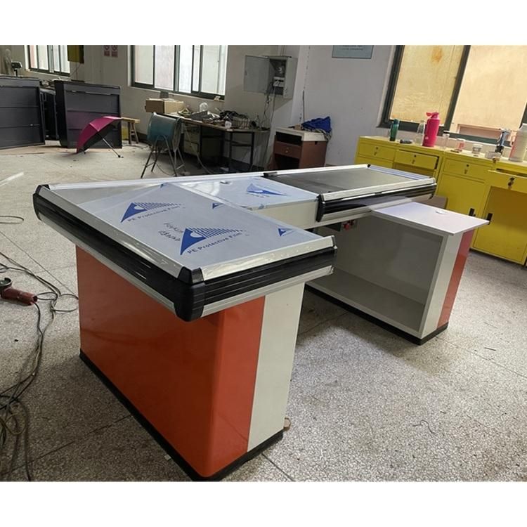 China Factory Automatic Checkout Counter Electric Cashier Desk Grocery Checkout with Conveyor Belt for Supermarket