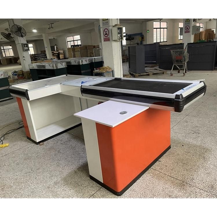 Supermarket Design Retail Cash Register Table Checkout Counter Cashier Desk with Conveyor Belt for Sale