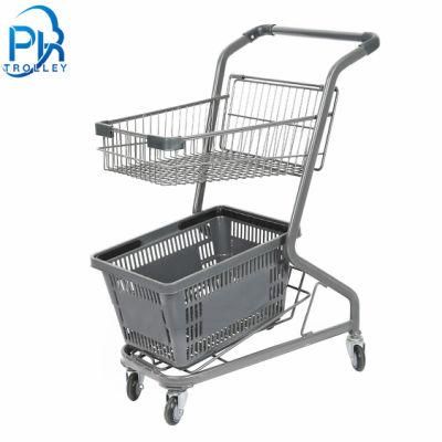 Wholesale Style High Quality Double Basket Cheap Supermarket Push Shopping Cart 2 Baskets Trolley with Wheels