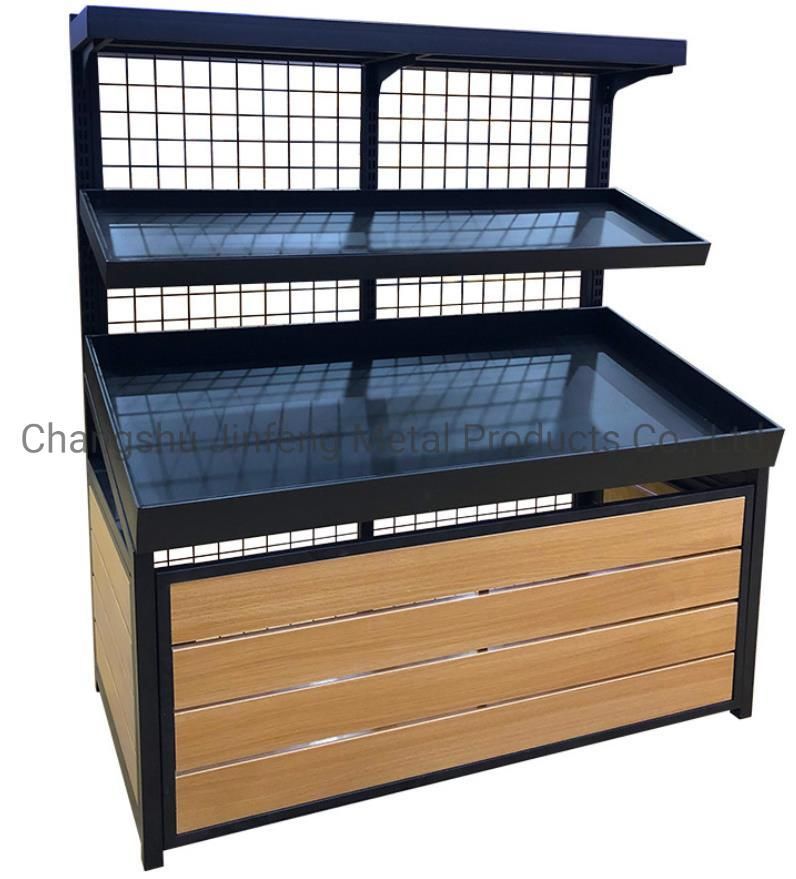 Supermarket Wooden Display Shelves Fruit and Vegetable Display Stand with Wire Mesh