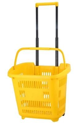 Supermarket Plastic Rolling Shopping Basket with 2 Wheels
