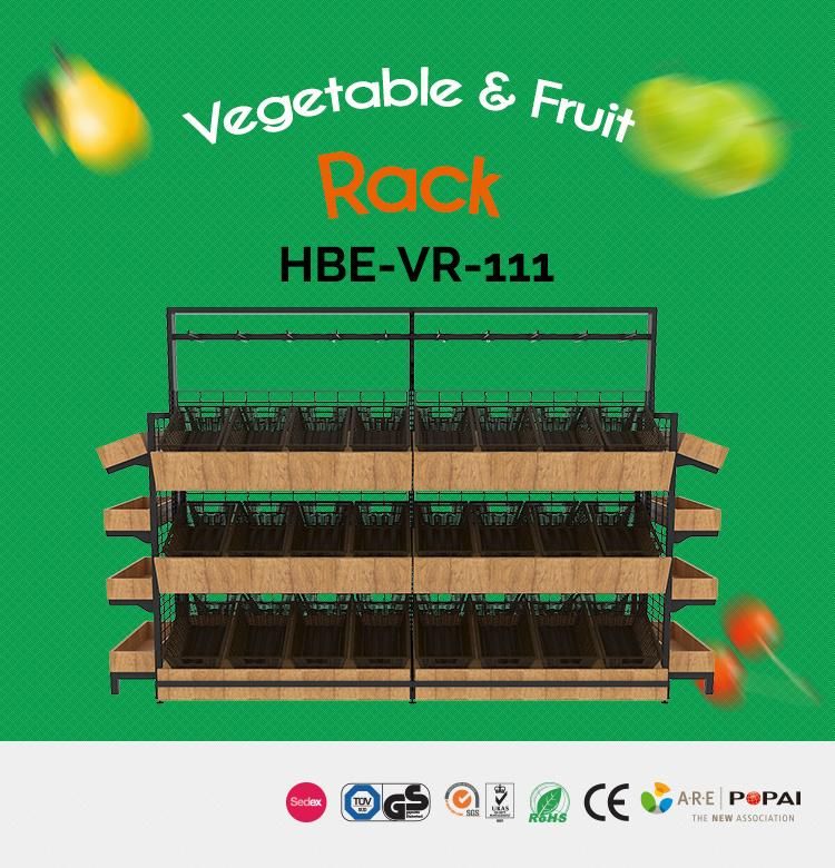 Supermarket Steel and Wood Vegetable and Fruit Rack