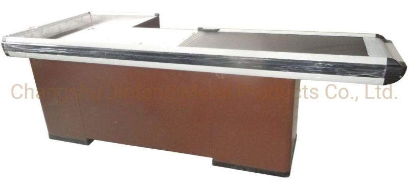 Supermarket Cashier Table Metal Checkout Counter with Conveyor Belt Jf-Cc-087