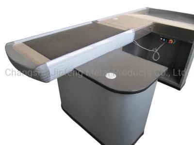 Supermarket Electric Checkout Counter Metal Cashier Table with Conveyor Belt