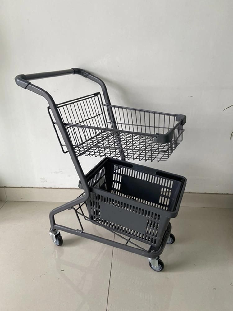 Japanese Style Metal Supermarket Shopping Cart Trolleys with 2 Basket