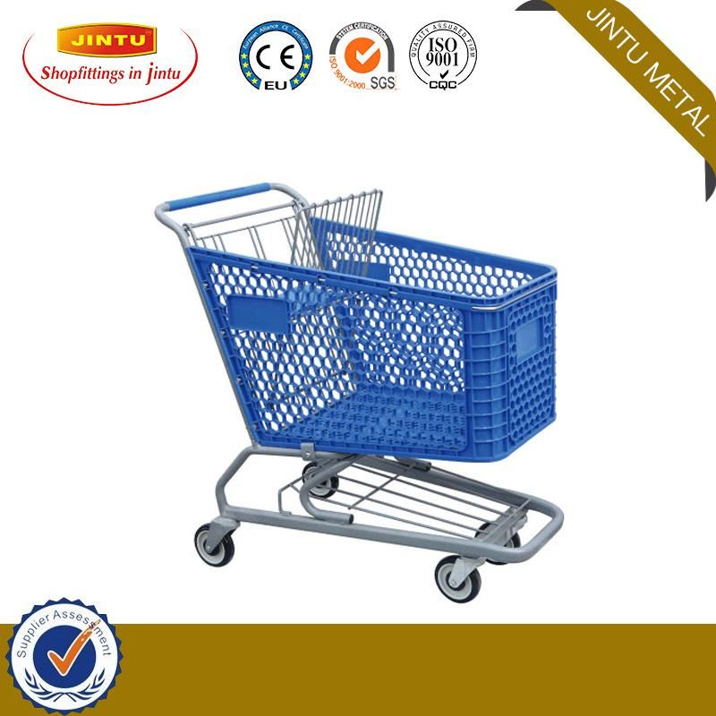 Supermarket Plastic Shopping Cart with Swivel Rubber Wheels