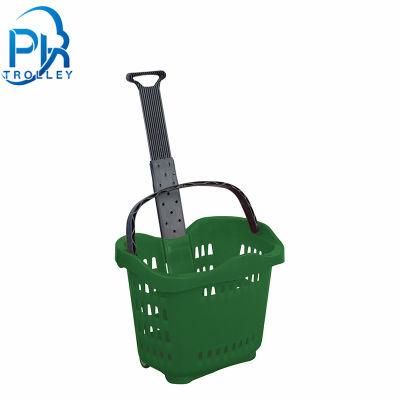 High Quality Supermarket Plastic Rolling Shopping Basket with 4 Wheels