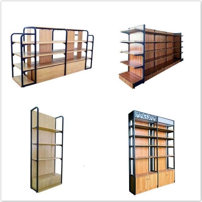 Four Side Supermarket Store Wooden Display Stand Shelf Rack