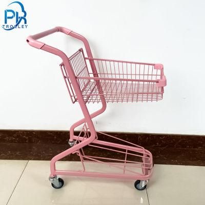 Pink Color Double Basket Metal Shopping Handing Push Cart Trolleys