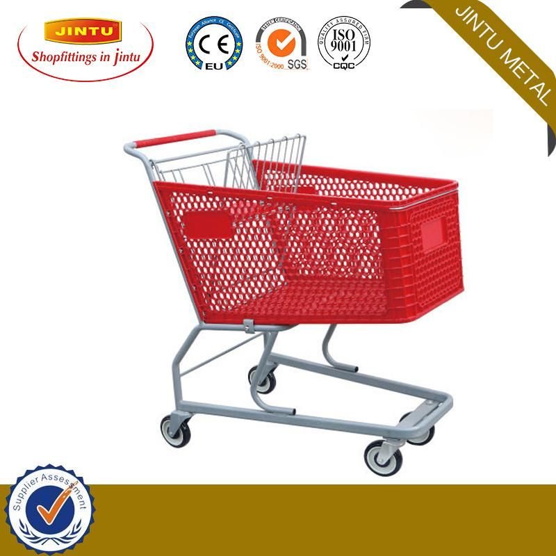 Supermarket Plastic Shopping Cart with Swivel Rubber Wheels