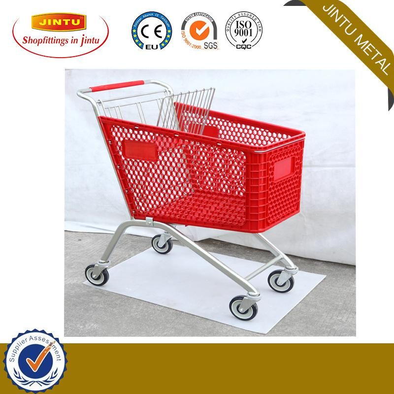 Supermarket Plastic Shopping Cart with Swivel Rubber Wheels