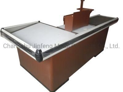 Supermarket Cashier Table Metal Checkout Counter with Conveyor Belt Jf-Cc-087