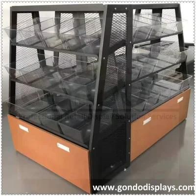 Metal Pop Supermarket Display Candy Racks Bulk Shelving with Plastic Bulk Bins and Rattan Baskets