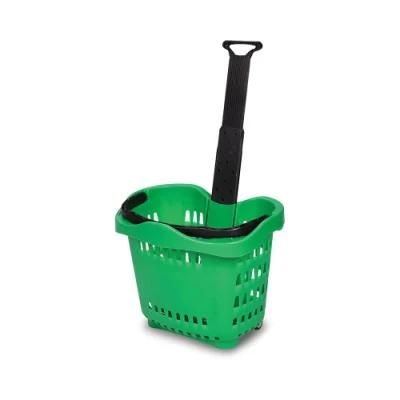 Plastic Rolling Shopping Basket with Telescopic Single Handle