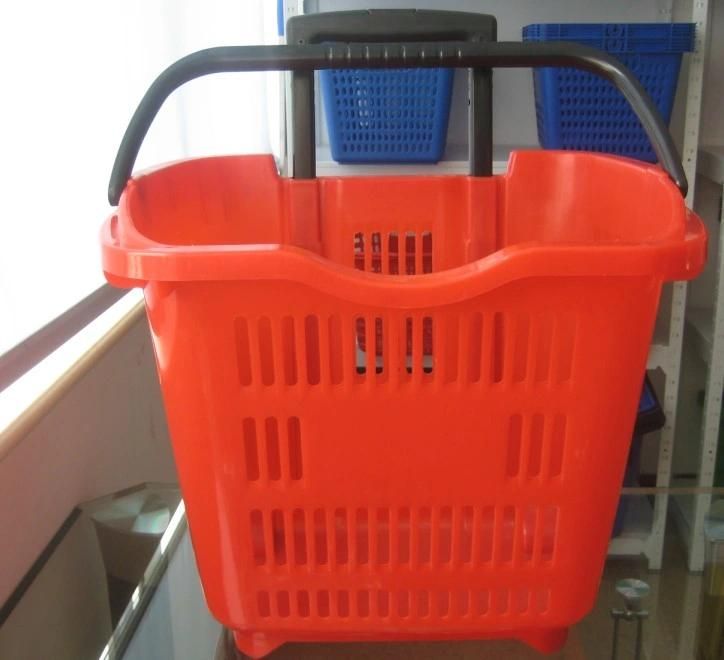 Supermarket Rolling Cheap Plastic Shopping Basket with Two Wheels